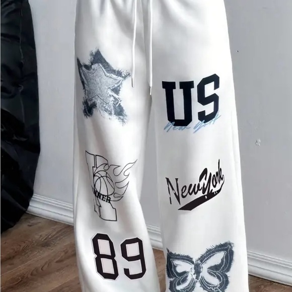 White Graphic Sweatpants with blue Designs - Picture 1 of 15